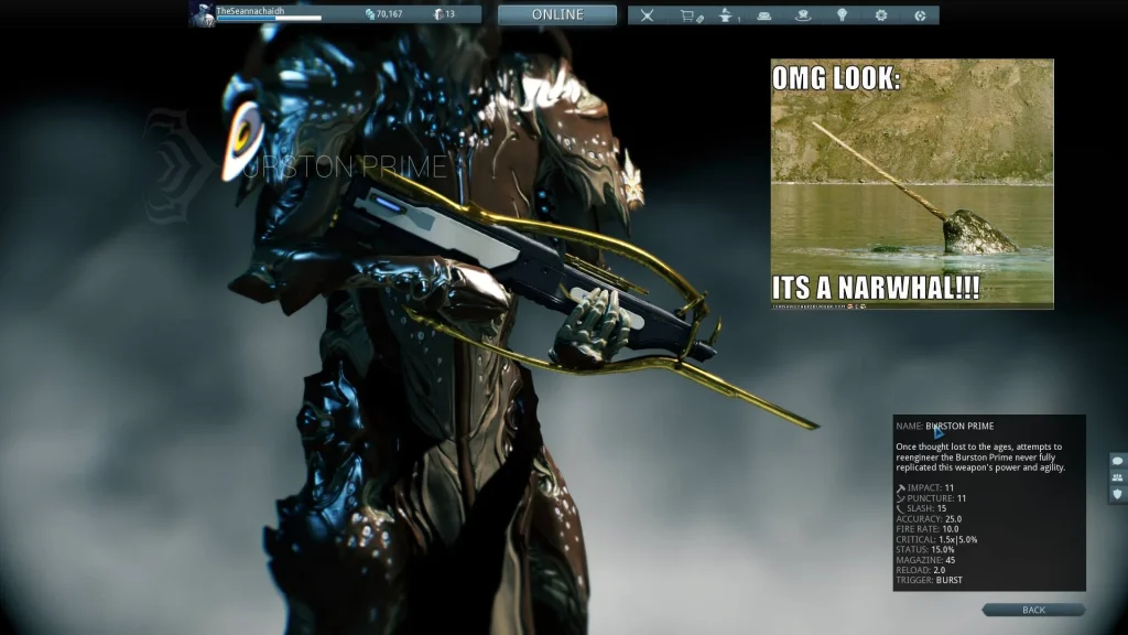 Warframe holding Burston Prime Incarnon rifle with glowing energy.