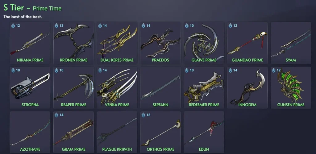 2025 Warframe Melee Tier List showing top swords, polearms, dual swords, and gunblades.
