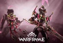 Octavia performing Mallet and Resonator combo in Warframe endgame mission.