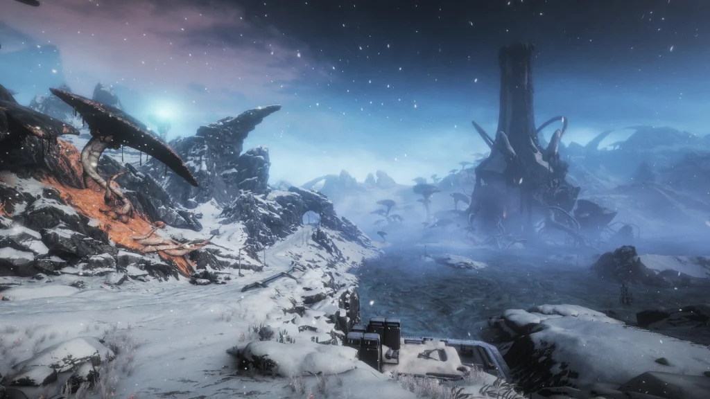Multiple Warframes posing together in Orb Vallis open world.