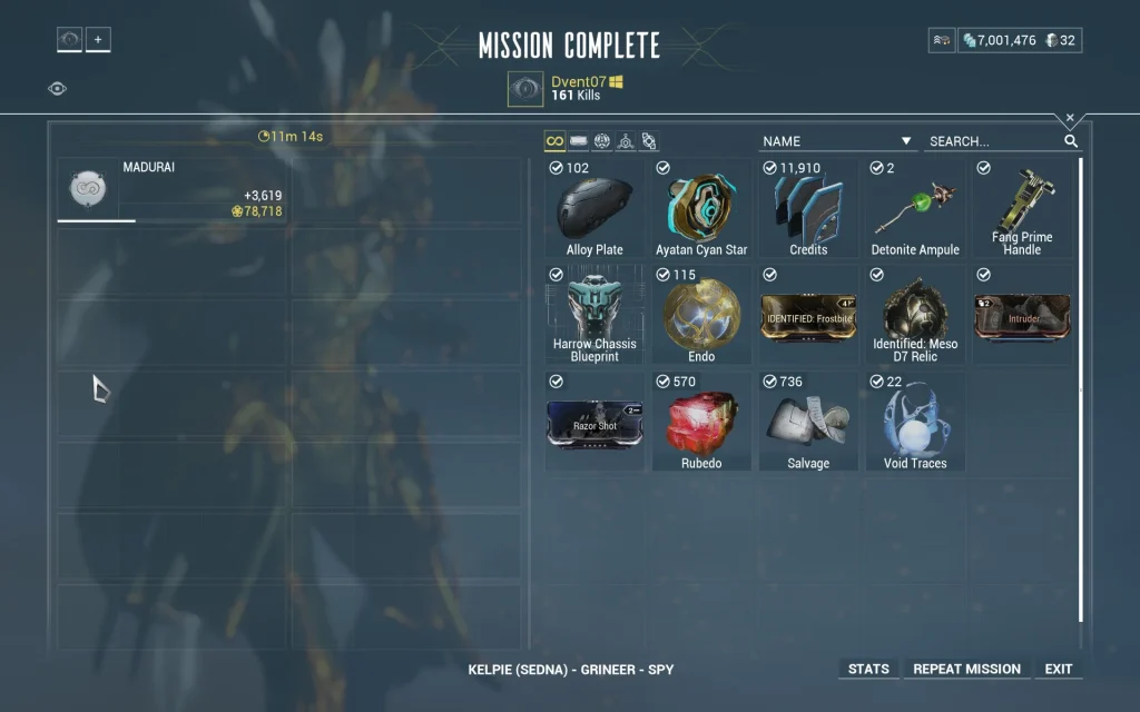 Warframe Spy mission rewards including rare mods and resources.