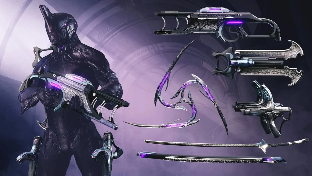 Tenno showcasing top primary weapons Warframe 2025.