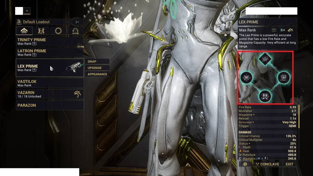 Different Incarnon weapons in Warframe Arsenal menu glowing with Void energy.