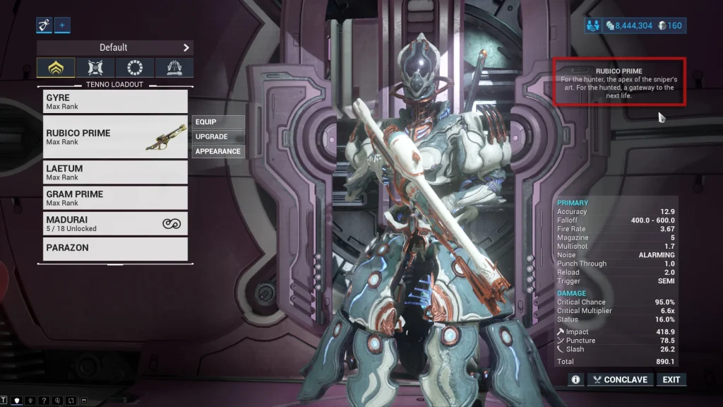 Endgame Warframe Spy mission loadout featuring silenced weapons and melee options.