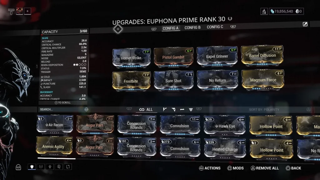Optimal endgame Warframe weapon loadout including Tigris Prime, Galatine Prime, and Kuva Nukor.
