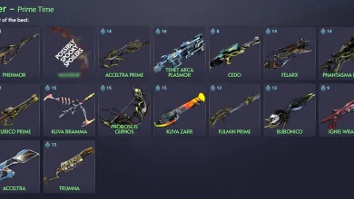 Warframe Primary Weapon Tier List 2025 chart comparing top rifles, shotguns, and bows.