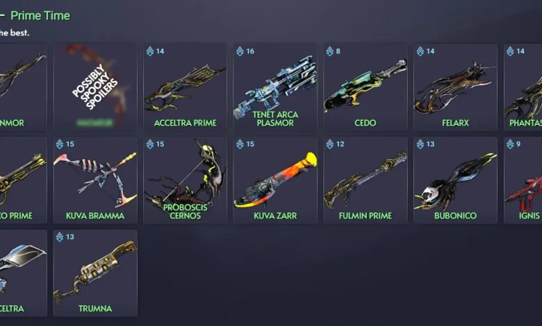 Warframe Primary Weapon Tier List 2025 chart comparing top rifles, shotguns, and bows.